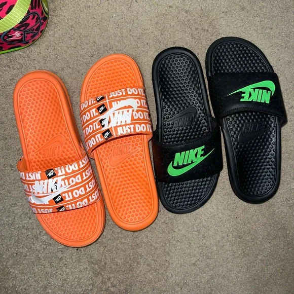 Nike Black and Green Slides with Orange Just Do It Slides - Picture 2 of 12